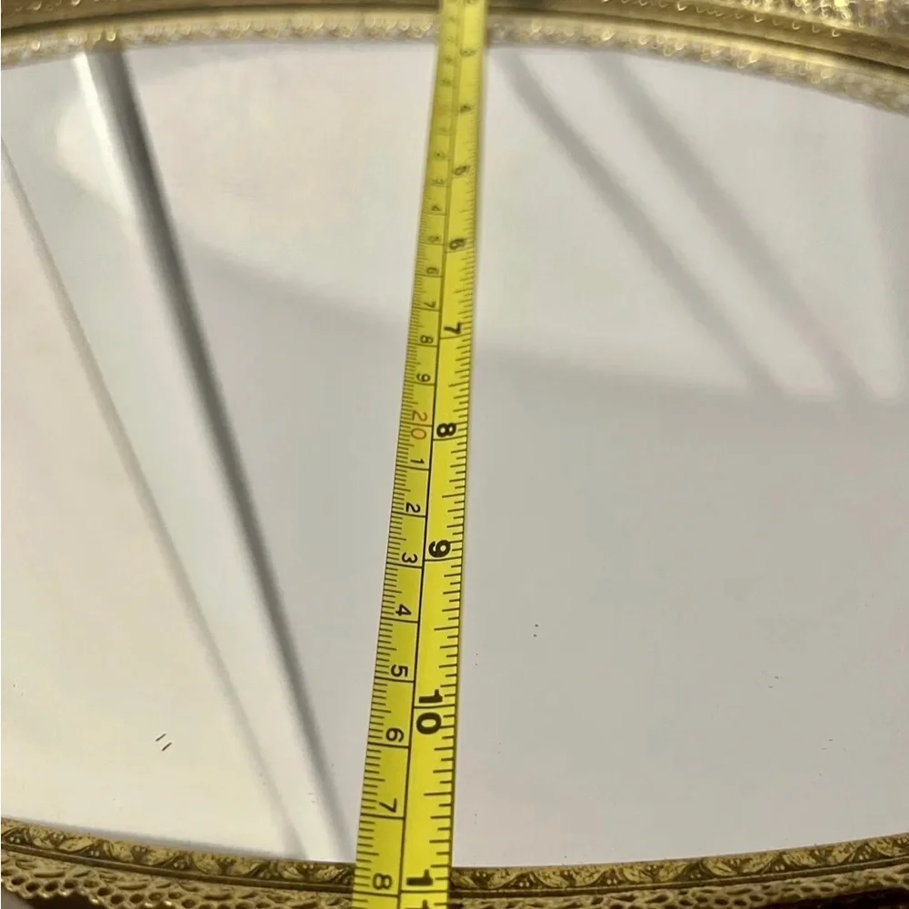 Vtg Gold Ornate Mirror Vanity Tray W/Cherubs & Lg Two Yellow Jewels Velvet Back